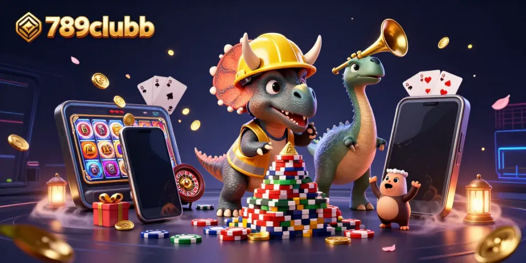 Experience the excitement of 789clubb with dynamic characters building a poker chip pyramid amidst vibrant casino elements.