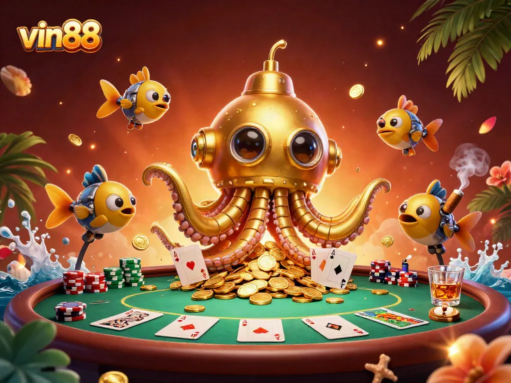 Engage in exhilarating gaming with vin88, featuring a golden kraken submarine amidst poker elements and treasures.