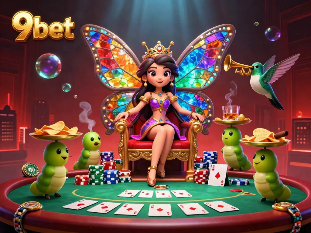 Engaging 3D illustration showcasing 9bet, featuring a butterfly queen on a flower throne amidst vibrant casino elements.