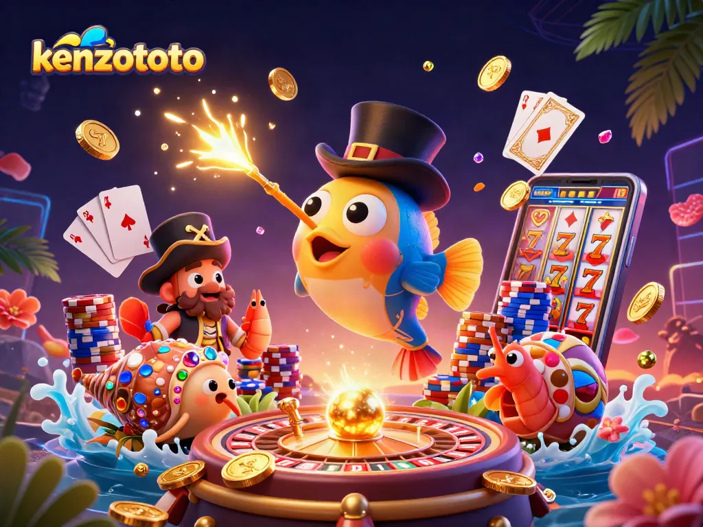 Engage with kenzototo’s thrilling gaming scene featuring sparkling coins and vibrant characters.