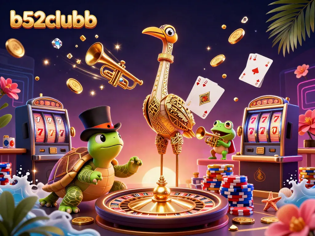 Experience the excitement at b52clubb with a vibrant 3D casino scene featuring characters and game elements.