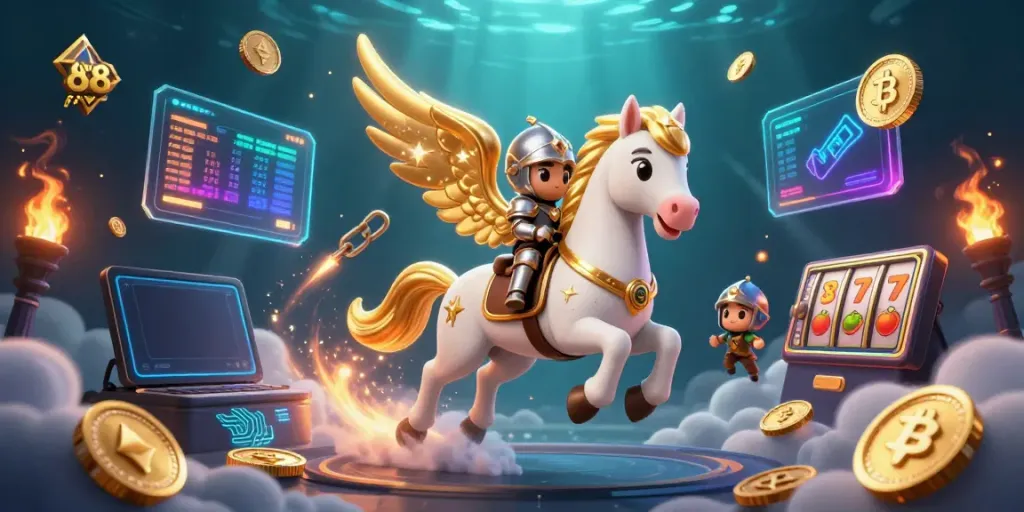 Experience thrilling wins with five 88's vibrant casino adventure featuring a celestial white horse and coins.