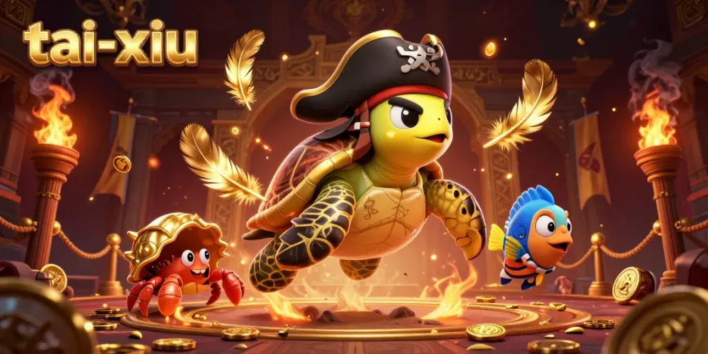 Experience tai-xiu excitement with a pirate turtle and friends amid vibrant casino treasures.