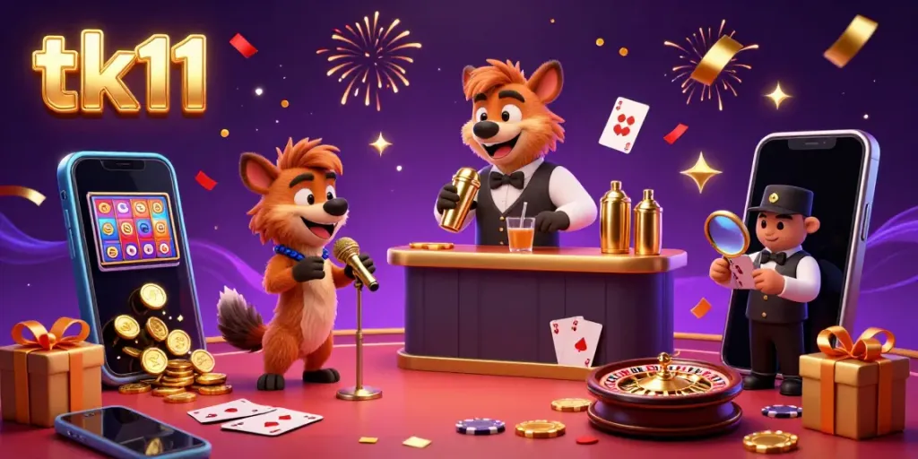 Experience the energy of tk11's comedy casino with lively hyenas and exciting gaming elements.