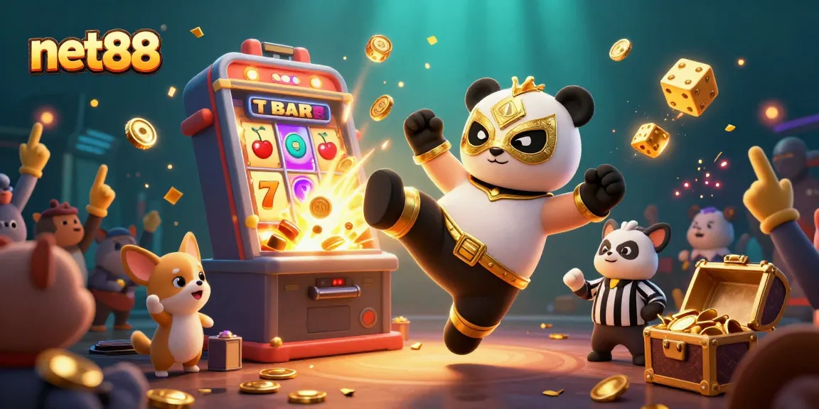 Witness the excitement of net88 with a panda wrestler performing amidst a jackpot explosion.