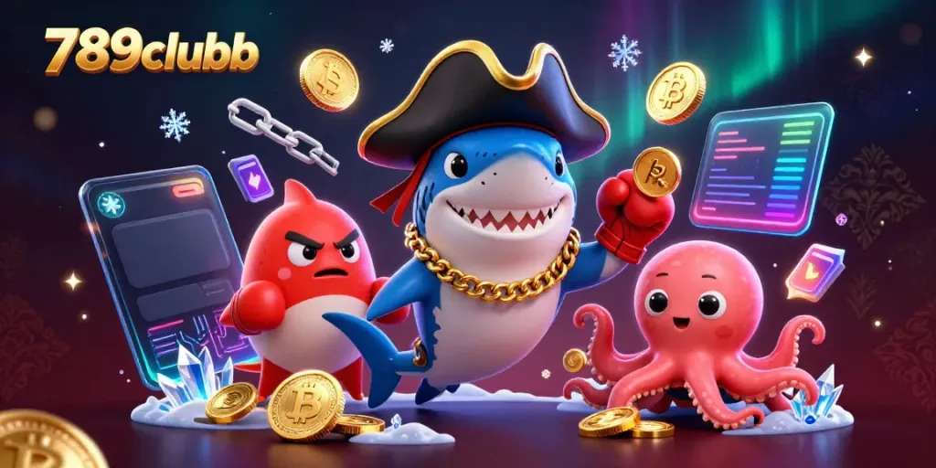 Engage with 789clubb's vibrant casino world featuring a pirate shark, pufferfish, and octopus.