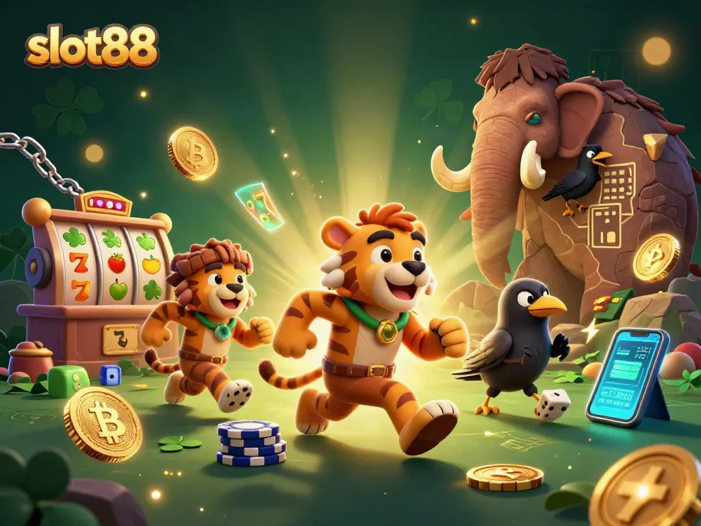 Spin the reels at slot88 with exciting wins displayed around a vibrant, prehistoric casino.