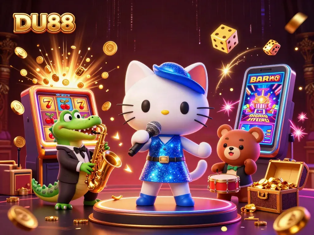 Experience the vibrant and dynamic world of DU88 with a jazzy casino illustration showcasing characters and gaming excitement.