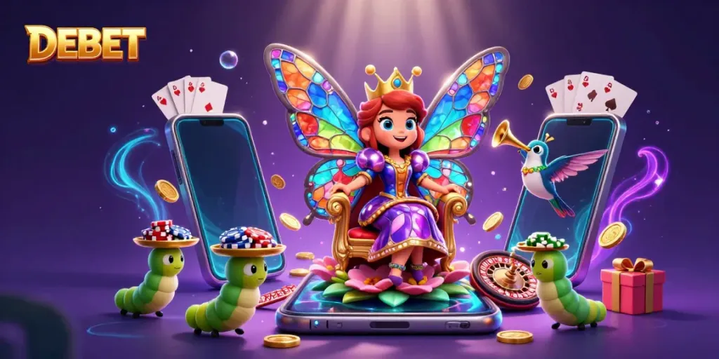 Engage with DEBET's vibrant casino atmosphere featuring a butterfly queen and dynamic gaming elements.