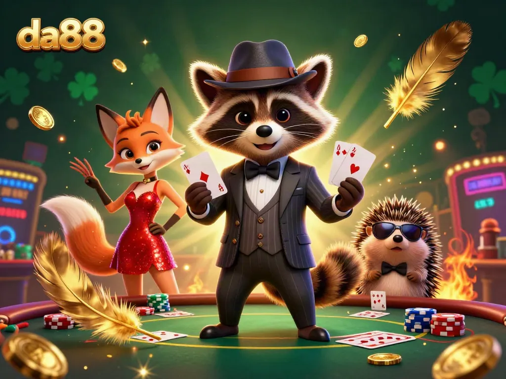 Engage with da88's exciting casino scene featuring a suave raccoon and charming fox.