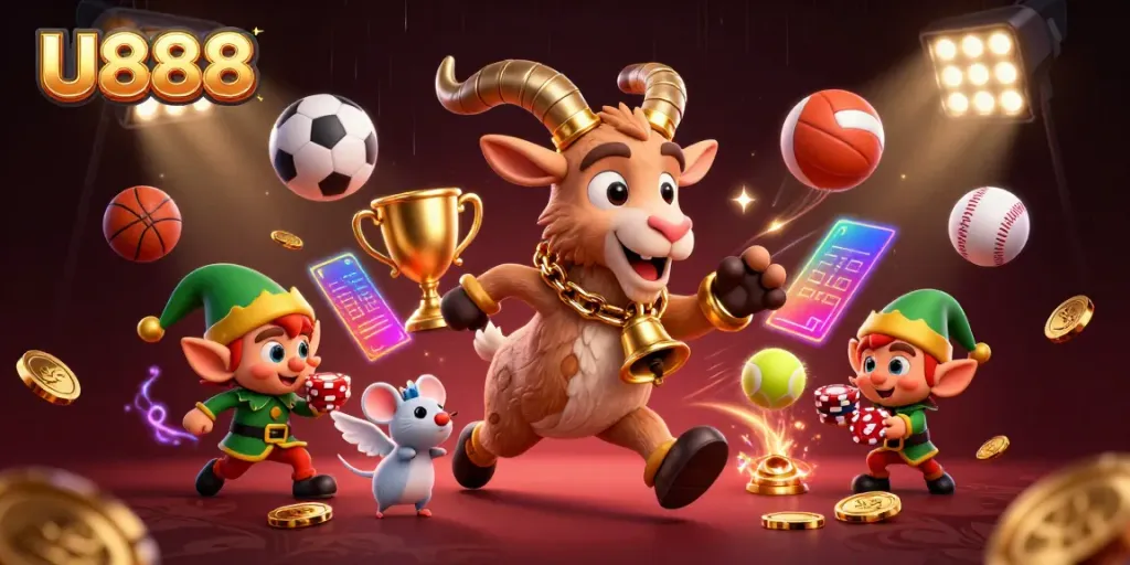 Experience thrilling gameplay at U888 with a festive casino scene featuring a Krampus goat and playful characters.