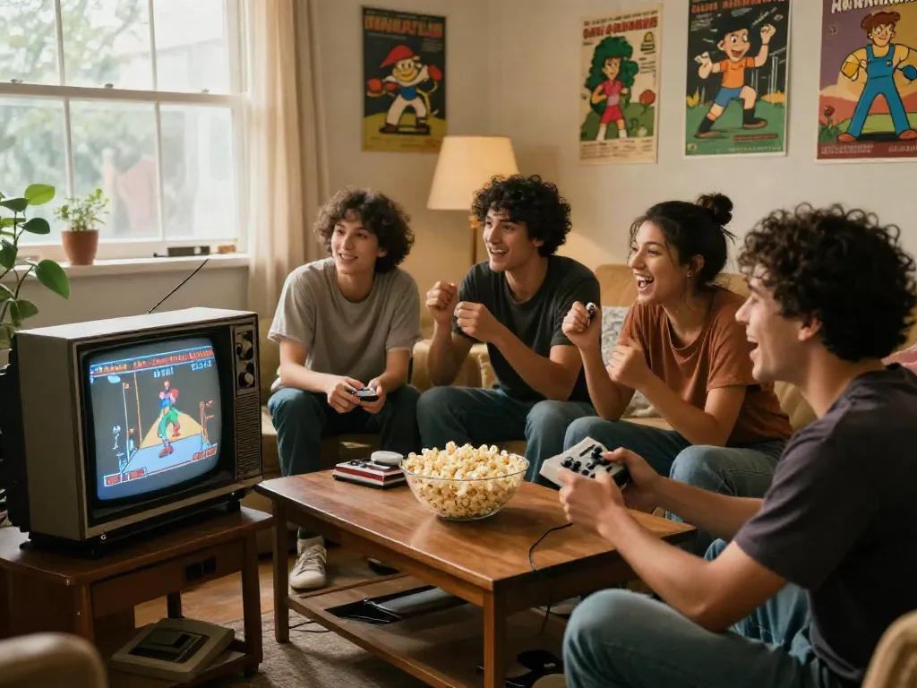 Nostalgic PECAH404 gaming scene with friends enjoying classic games together in a cozy living room.