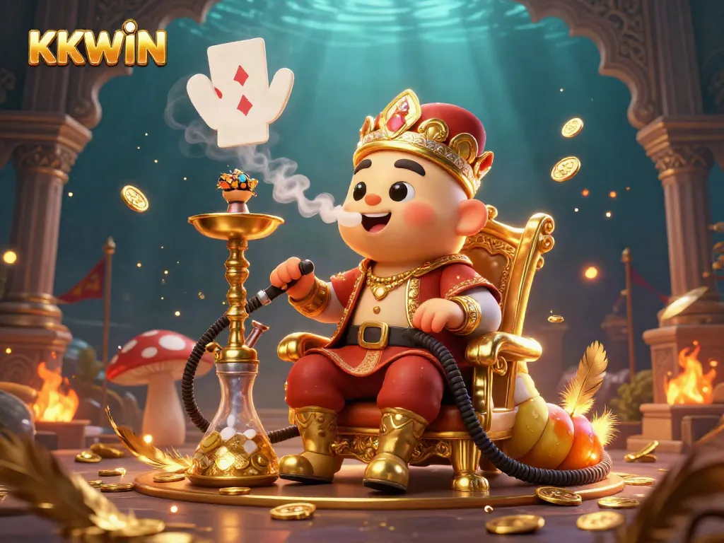 Engage with KKWIN as a whimsical caterpillar master reigns over a golden mushroom throne in this vivid casino scene.