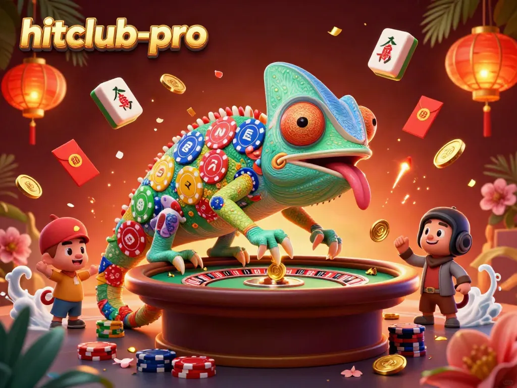 Engage with the vibrant atmosphere of hitclub-pro featuring a chameleon casino owner amidst dynamic gambling elements.