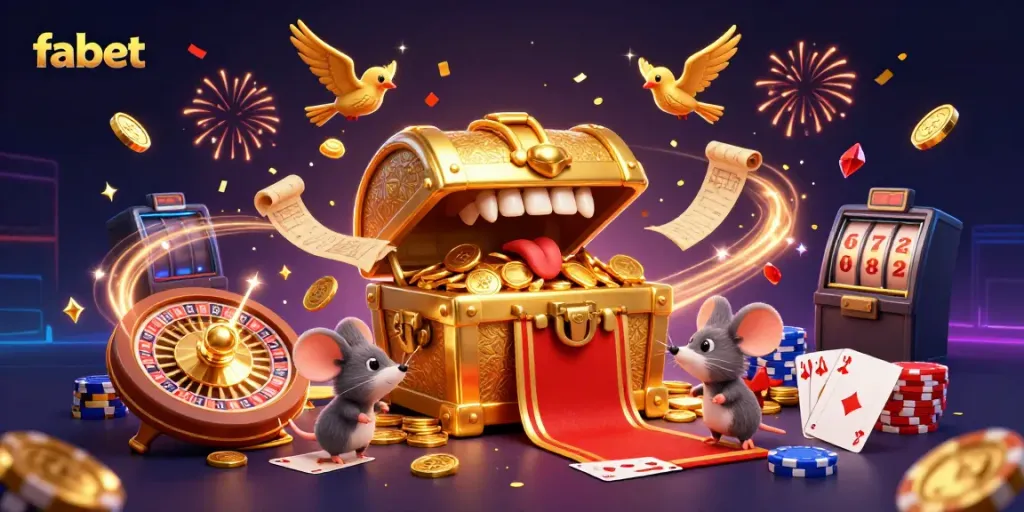 Engage in thrilling gaming adventures with fabet, featuring golden treasure chests and vibrant casino elements.