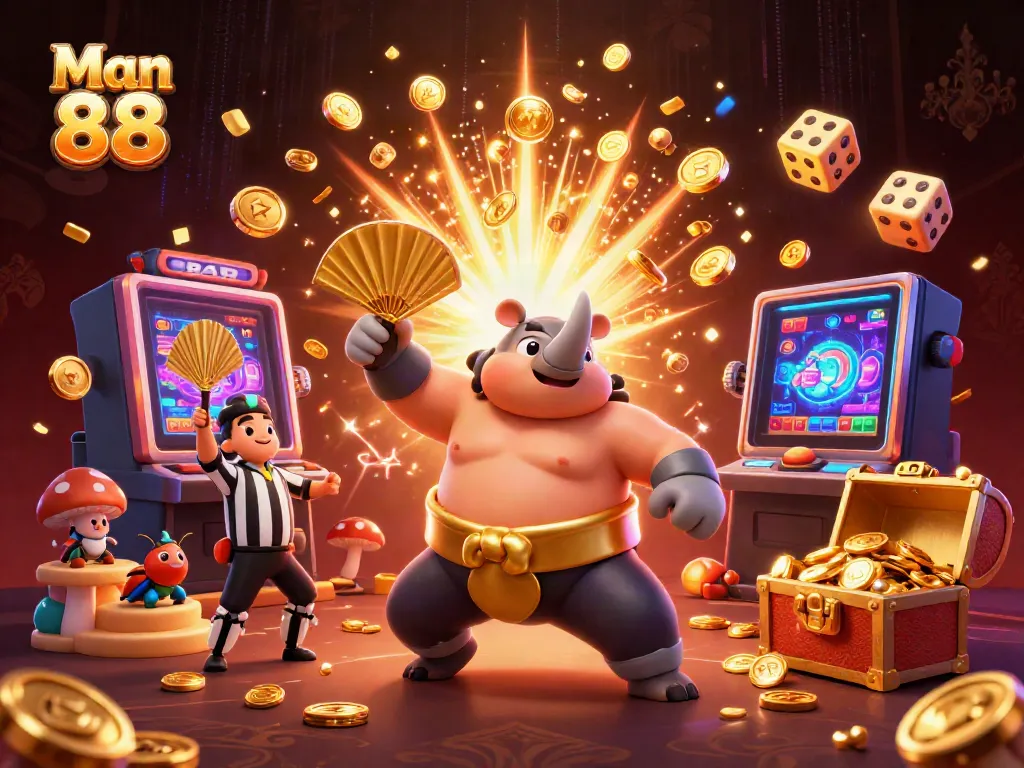 Experience the thrill of Man 88 with a vibrant casino-themed illustration filled with dynamic action and excitement.