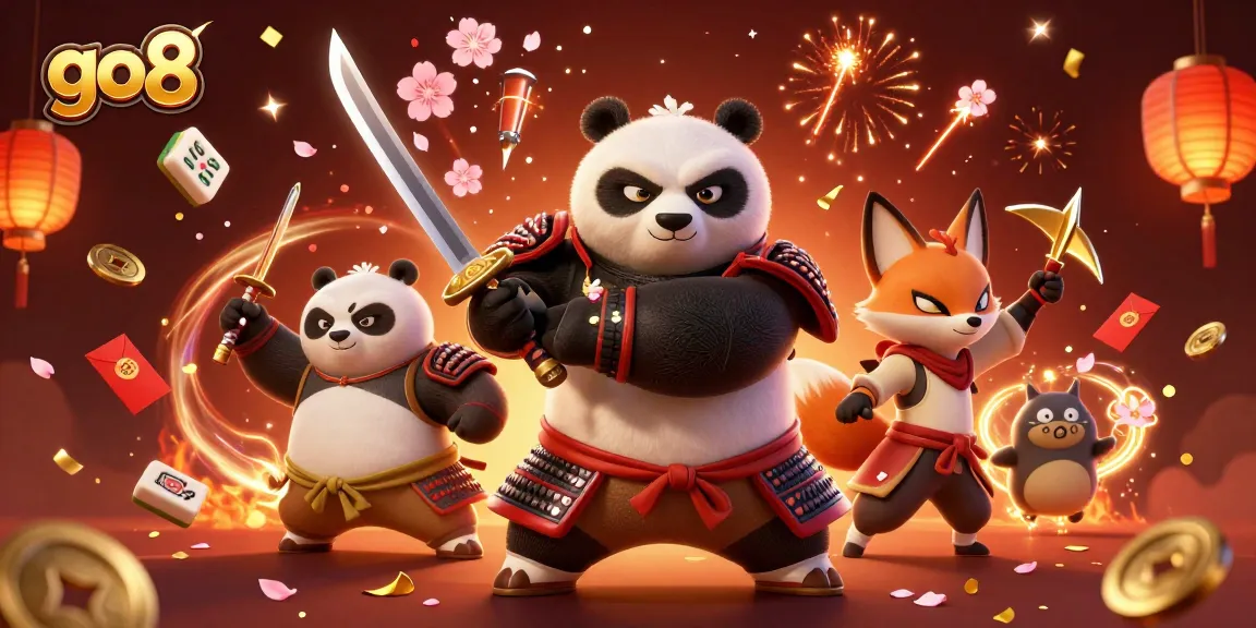 Experience excitement with go8 as a samurai panda and ninja fox celebrate amidst stunning casino elements.