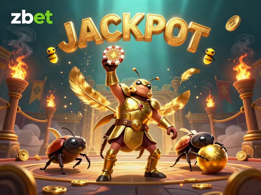 Zbet highlights an exciting victory with a gladiator beetle in a dynamic gambling arena illustration.
