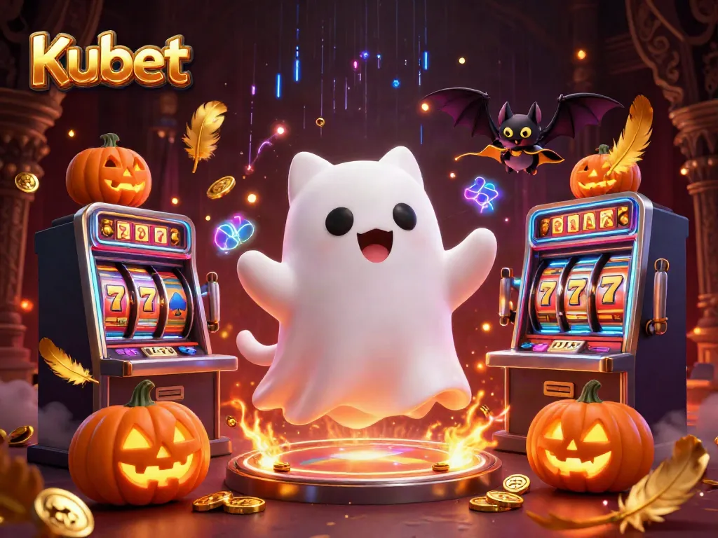 Kubet slot machines and a ghost cat create an electrifying atmosphere in a haunted casino.