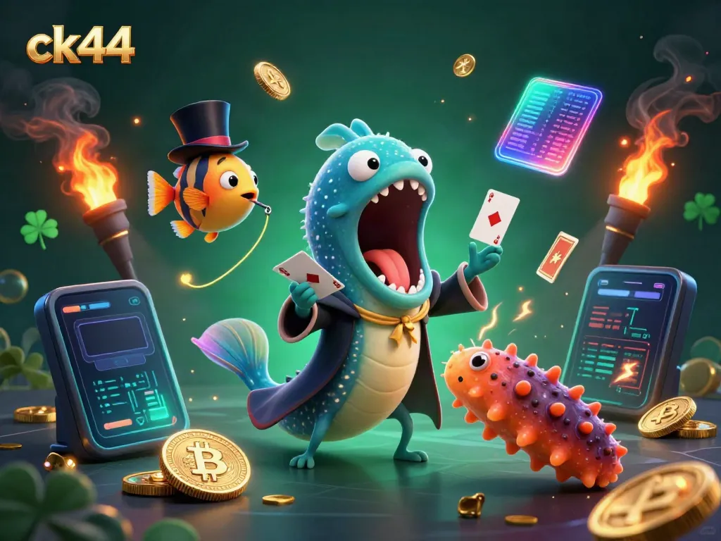 ck44 casino illustration featuring a magical underwater performance with glowing elements and crypto coins.