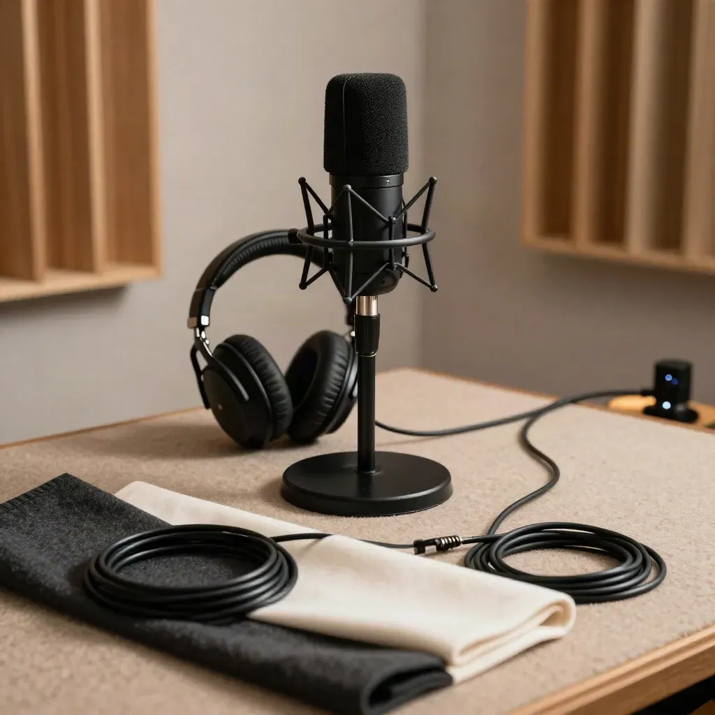 Mikrofon podcastowy, słuchawki i kabel na ciemnej tkaninie w cichym studiu