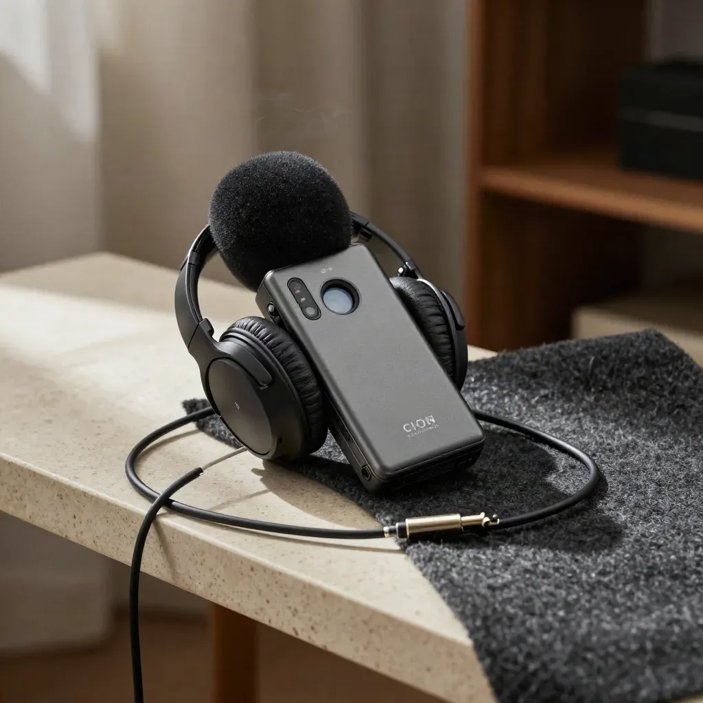 Dyktafon, słuchawki i kabel audio na ciemnej tkaninie w ciepłym świetle.