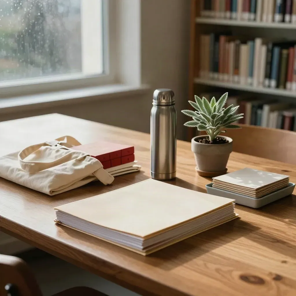 Kącik warsztatów bibliotecznych z segregatorami, termosem i małą rośliną przy zaparowanej szybie.