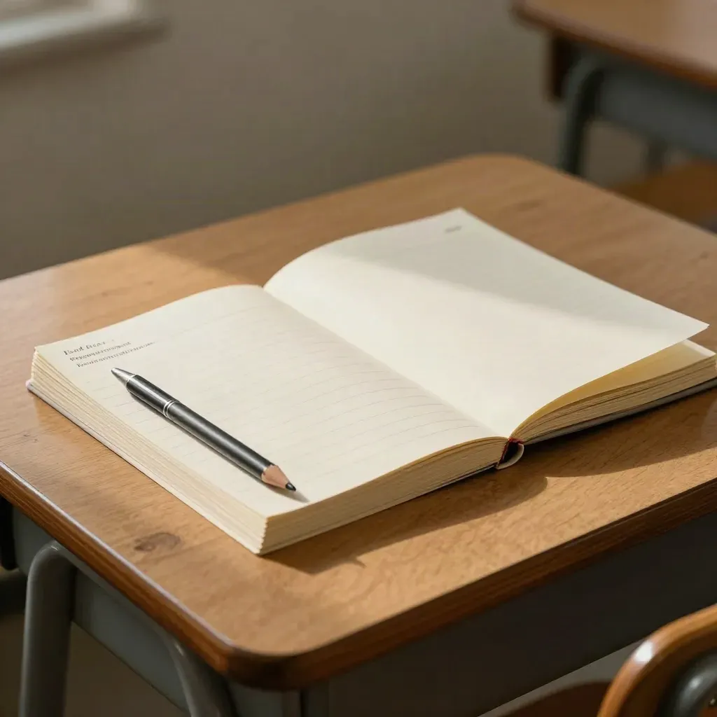 Stos fiszek, długopis i złożony notes na szkolnej ławce w miękkim świetle.