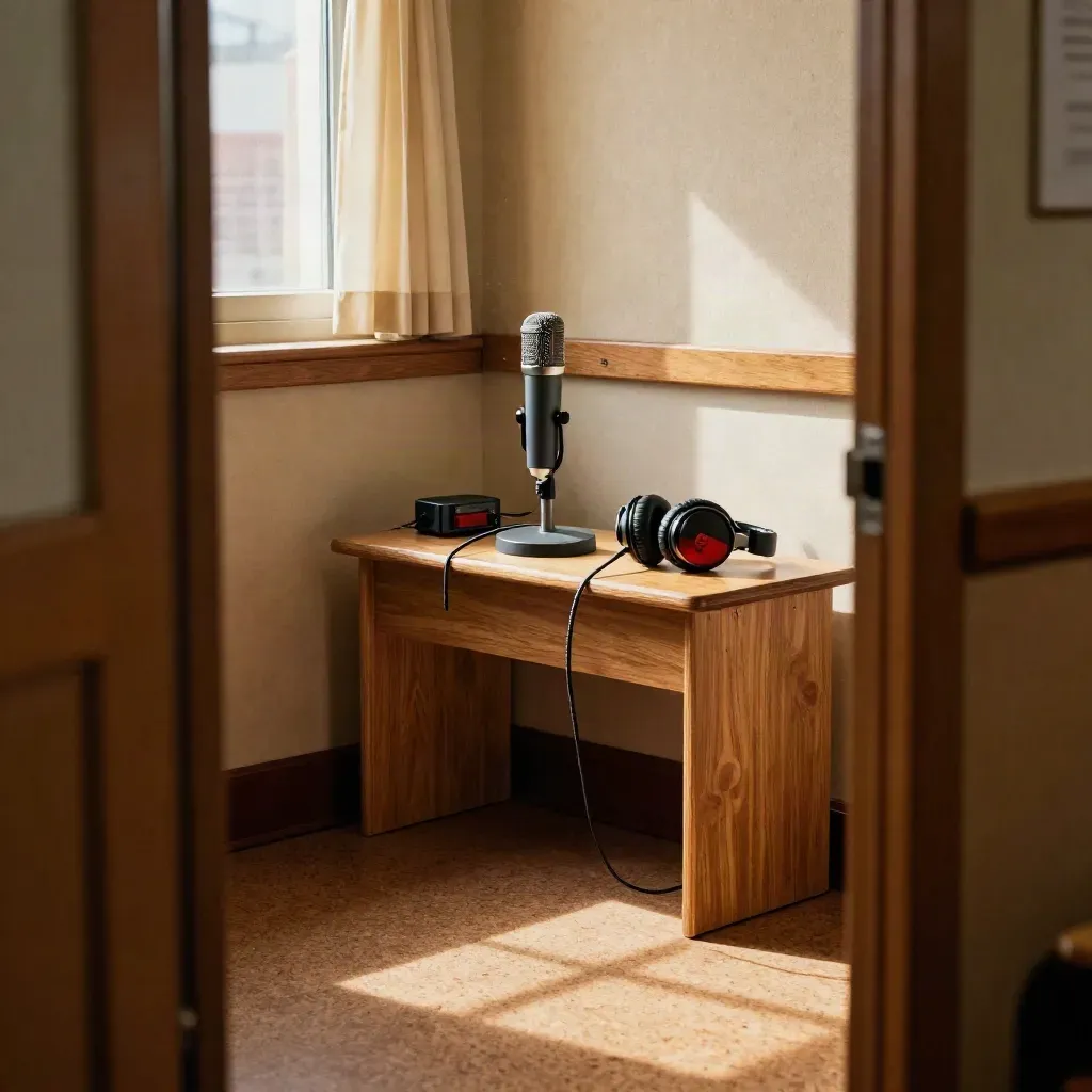 Kącik podcastowy w szkolnej pracowni medialnej, w ciepłym świetle popołudnia.