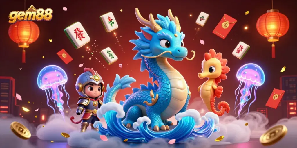 Experience gem88's vibrant betting scene with a dynamic dragon, knight, and glowing elements.