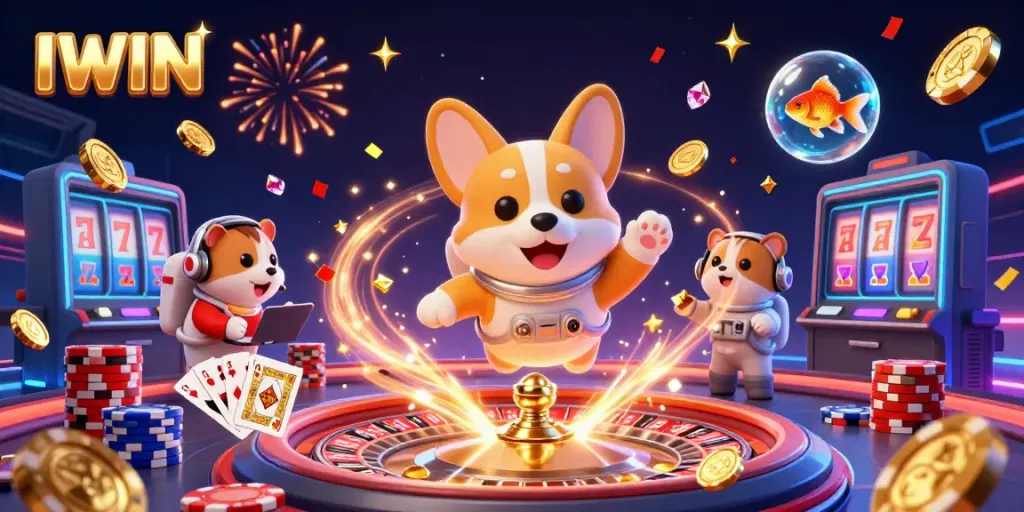 Experience thrilling IWIN gameplay in a colorful, dynamic casino scene featuring astronaut corgi and vibrant casino elements.