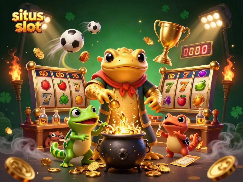 Situs slot menampilkan alkemis salamander emas dalam laboratorium yang transmutasi logam menjadi koin emas.
