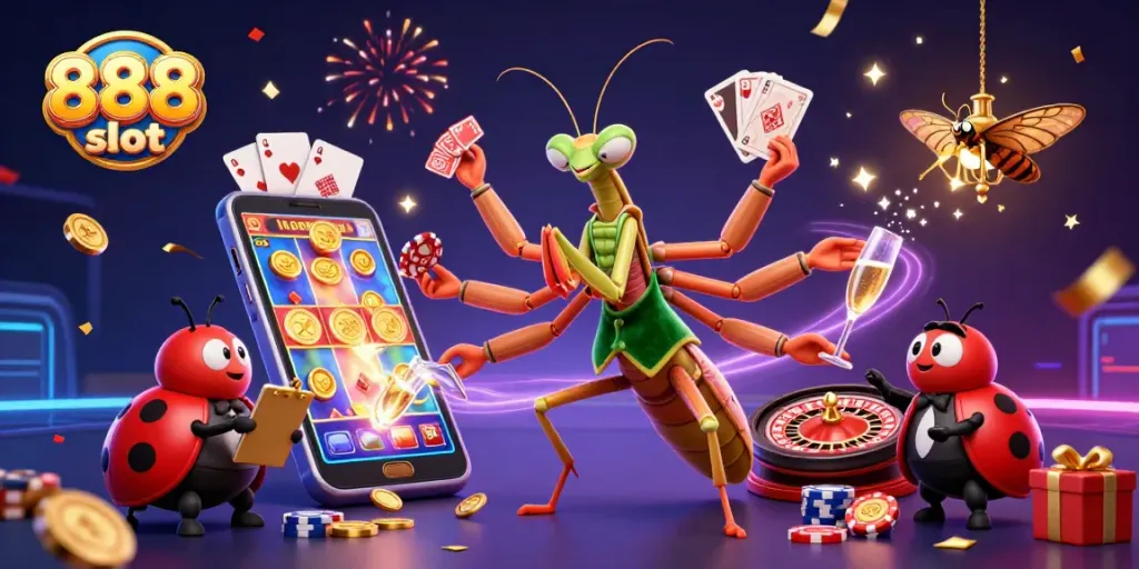 Join the excitement at 888slot com with vibrant gaming action in a lively 3D casino scene.