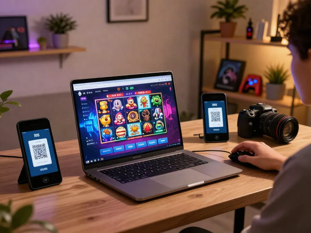 User enjoying a slot qris game on a laptop with vibrant graphics.
