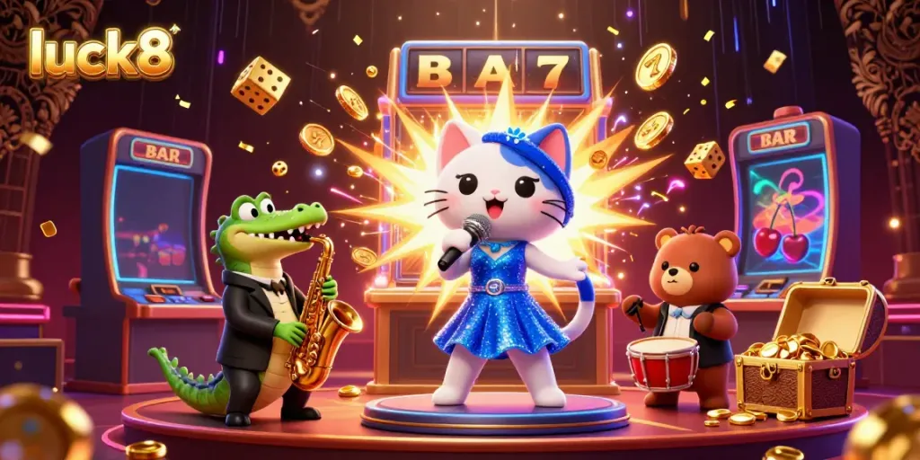 Experience the vibrant scene of luck8 with characters celebrating a casino jackpot amidst dynamic gaming elements.