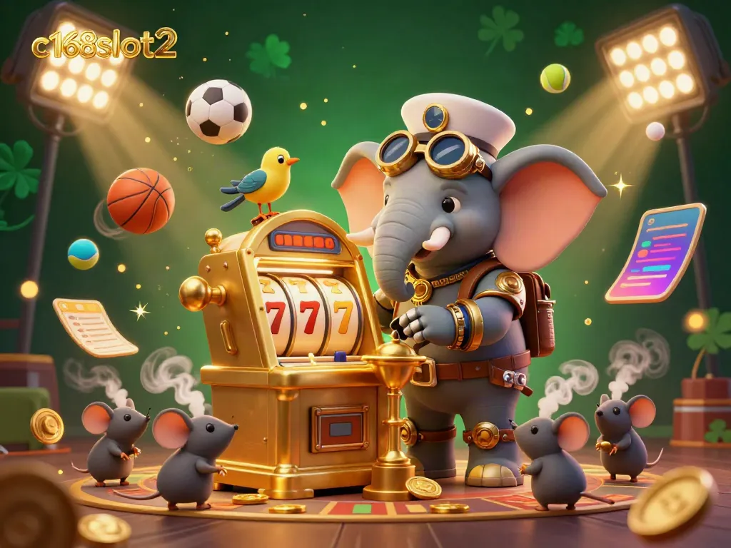 Experience fun and excitement at c168slot2 with a vibrant 3D casino scene featuring characters and games.