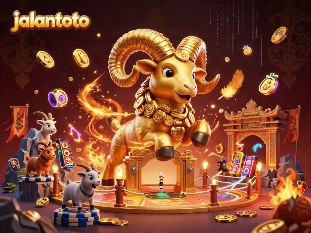 Experience jackpots at jalantoto with dynamic golden ram and symbols in a vibrant casino scene.