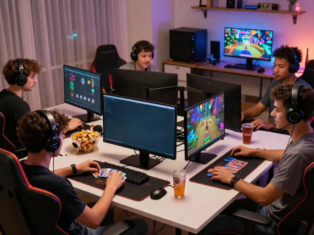 Kilat404 gaming scene showcasing players engaged in vibrant online games with personalized setups.