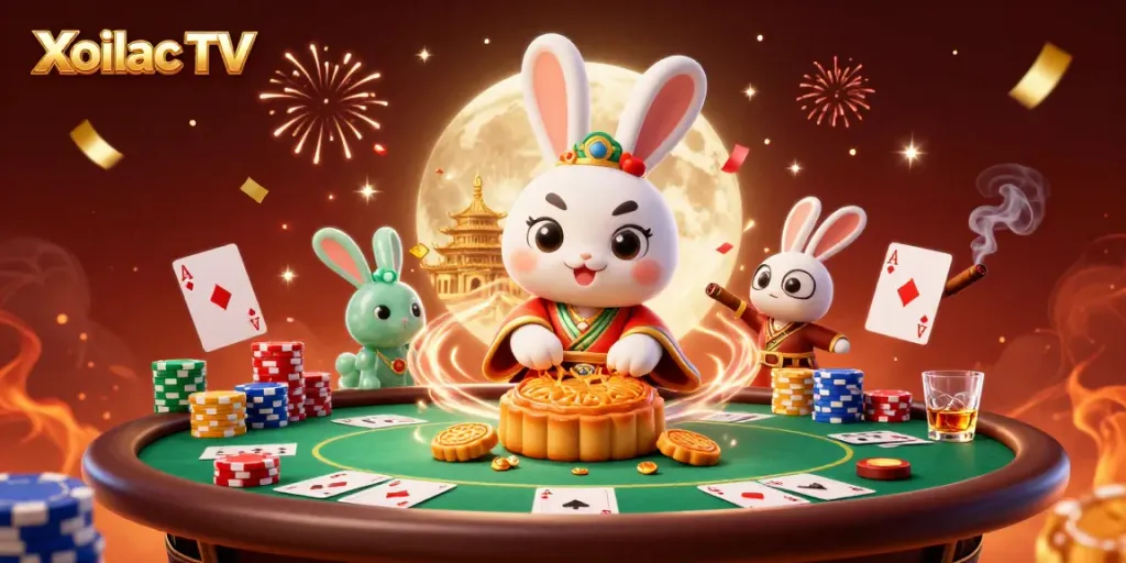 Xoilac TV showcases an artistic scene with moon rabbits, poker chips, and festive decorations in a vibrant atmosphere.