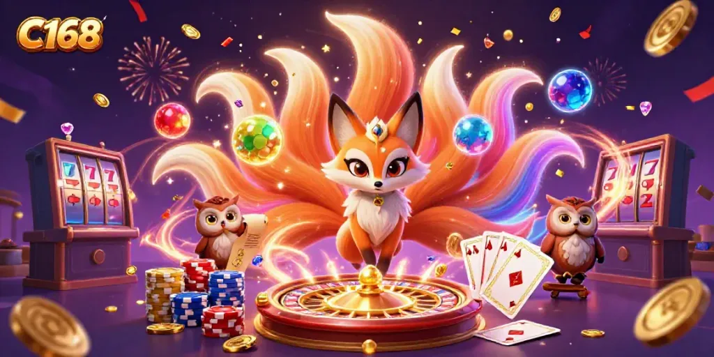 C168 showcases an engaging 3D casino scene with vibrant characters and elements celebrating winning moments.