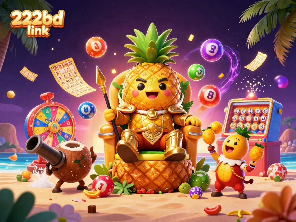 Engage with the 222bd link in this vibrant casino scene featuring a pineapple king and game elements.