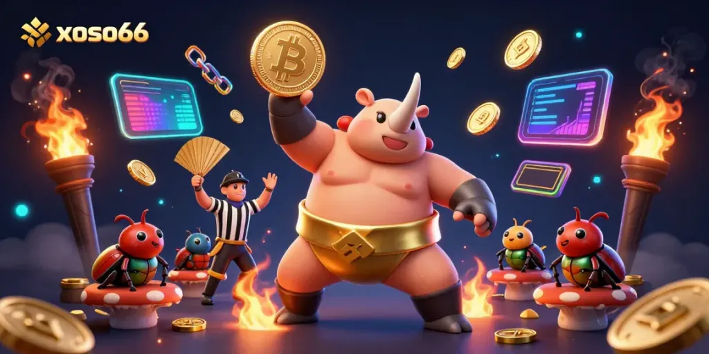 Engage with xoso66 in a 3D cartoon scene where a beetle sumo champion sends coins flying in a vibrant, dynamic betting atmosphere.