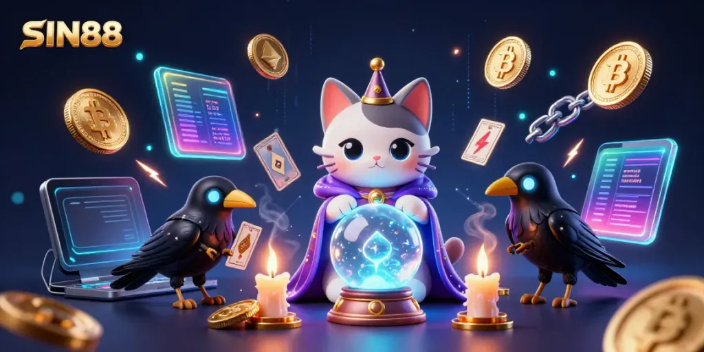 Bet with SIN88 for thrilling experiences featuring a mystical cat and raven in an enchanting casino scene.