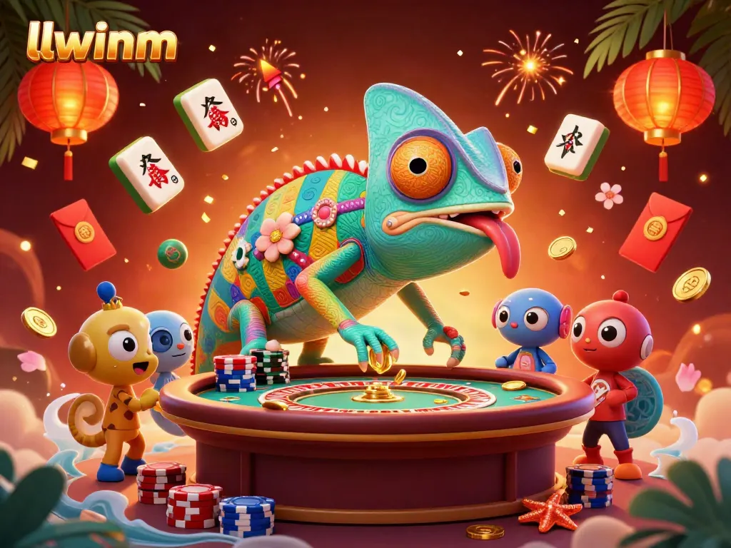 Engage in thrilling casino action with llwinm's vibrant chameleon mascot amidst rich gaming elements.