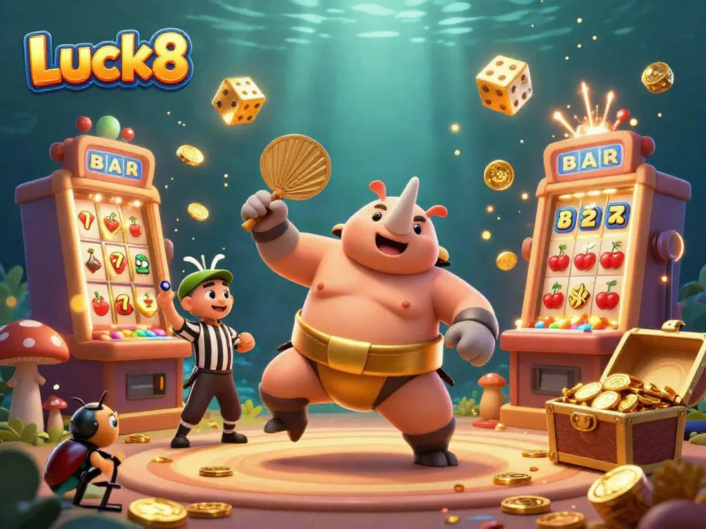 Experience thrilling gameplay action at Luck8 as a cartoon rhinoceros beetle sumo champion releases golden coins in a vibrant setting.