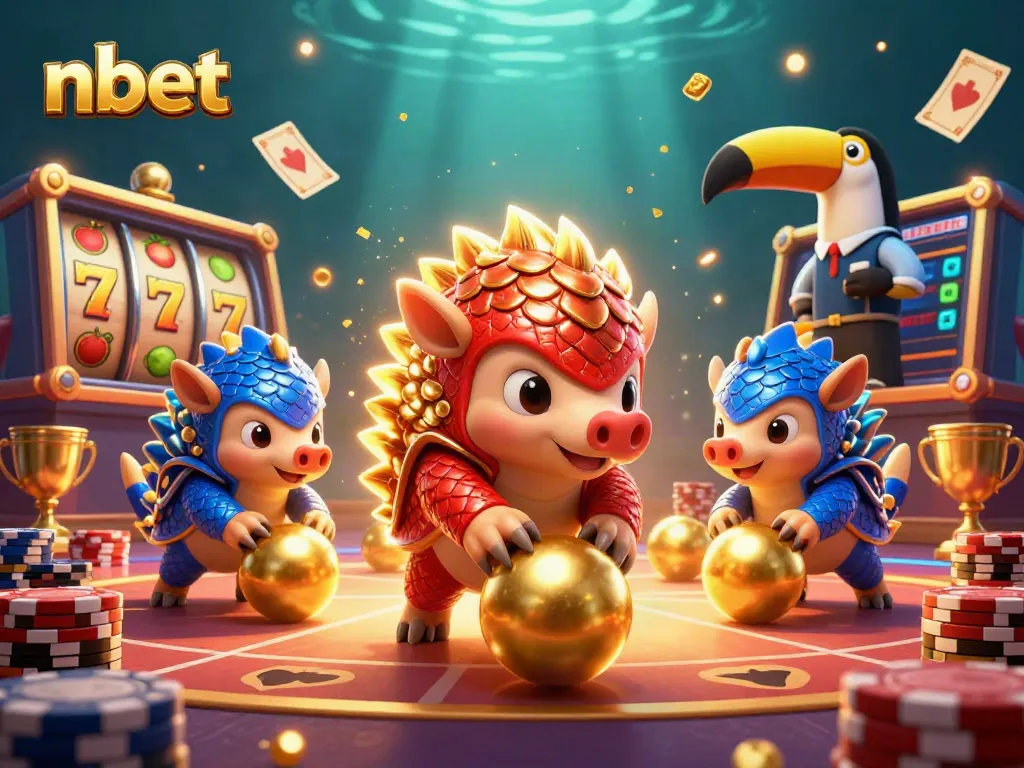 nbet gameplay illustration featuring rival pangolins bowling through poker chips and spinning slot reels.