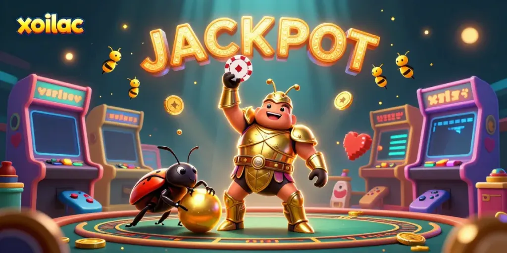 Engage in premium betting excitement with Xoilac, featuring a heroic beetle and arcade gaming elements.
