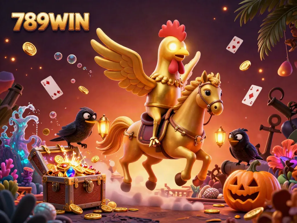 Experience the thrill of 789WIN in this vibrant casino scene, featuring a golden rooster and lively characters.