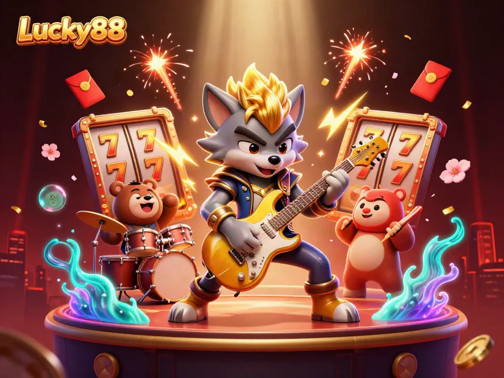 Experience gaming thrill with Lucky88, featuring a wolf rockstar on stage surrounded by vibrant casino elements.