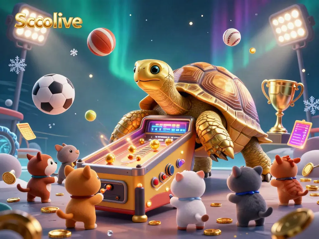 Socolive showcases dynamic gaming excitement with a golden tortoise pinball machine, sports balls, and light effects.